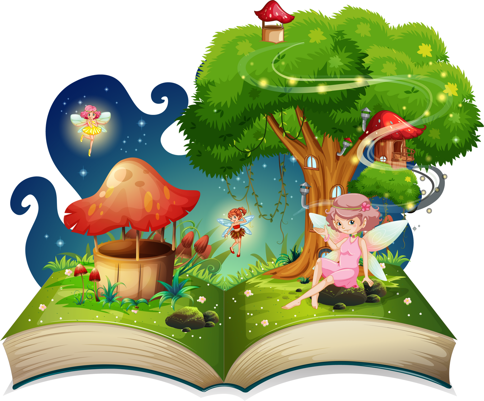 Book with fairies flying around the tree